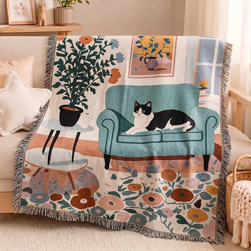 Coperta con frange intrecciate a tema gatto in stile boho