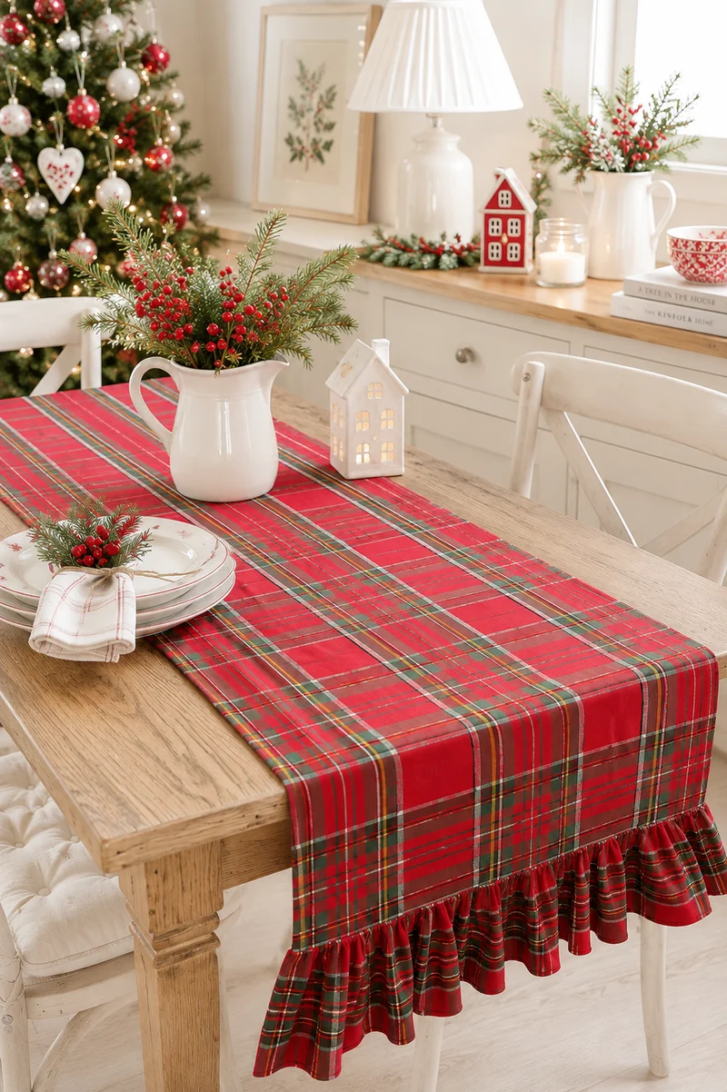 Runner da Tavola Tartan Rosso con Balza in Cotone 50×180 cm