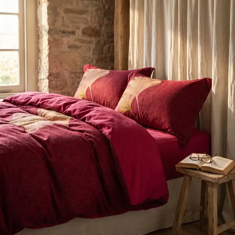 Set di biancheria da letto in cotone con foglie di ginkgo rosso intenso