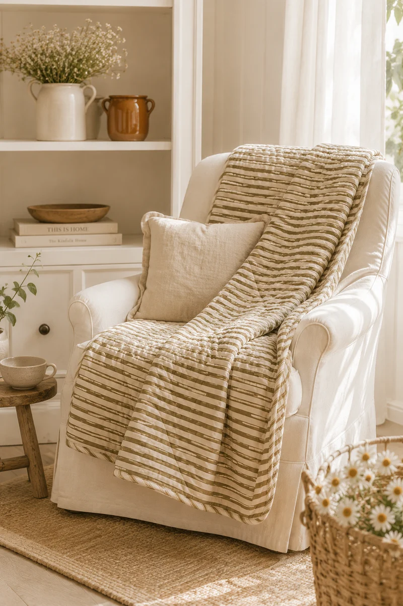 Coperta Quilt Trapuntata Sand con Righe Verde Ocra – Ib Laursen