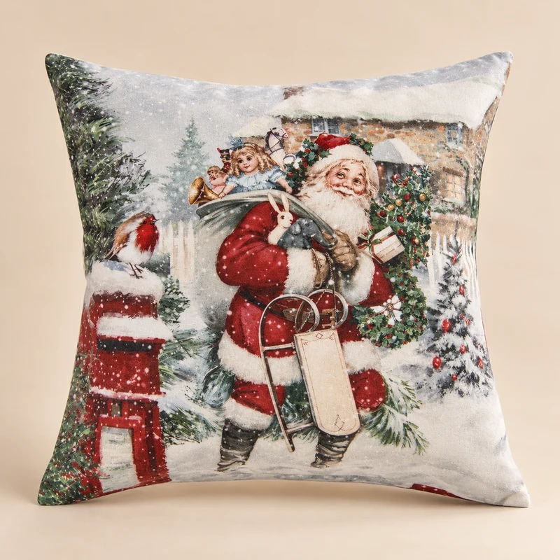 Federa Cuscino Christmas Babbo Natale e Coniglietti in Cotone 45 x 45 cm