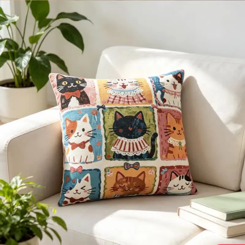 Cuscino in cotone con illustrazione a griglia di gattini multipli e stravaganti