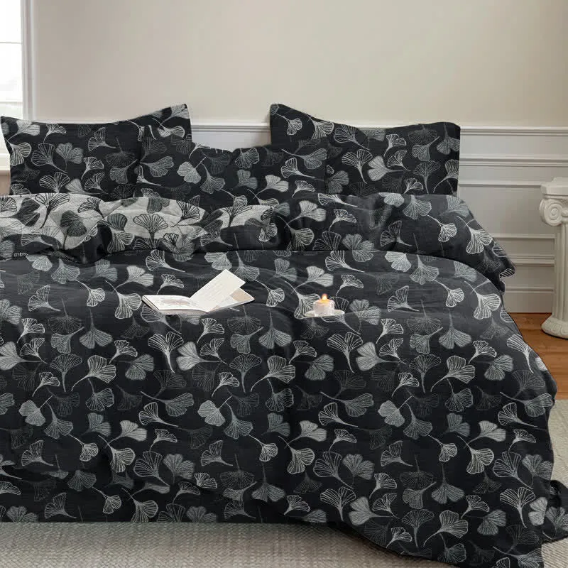 Set di biancheria da letto reversibile in cotone con motivo vintage a foglie di ginkgo nero