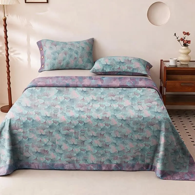 Set di biancheria da letto in cotone con delicate foglie di ginkgo in stile vintage.