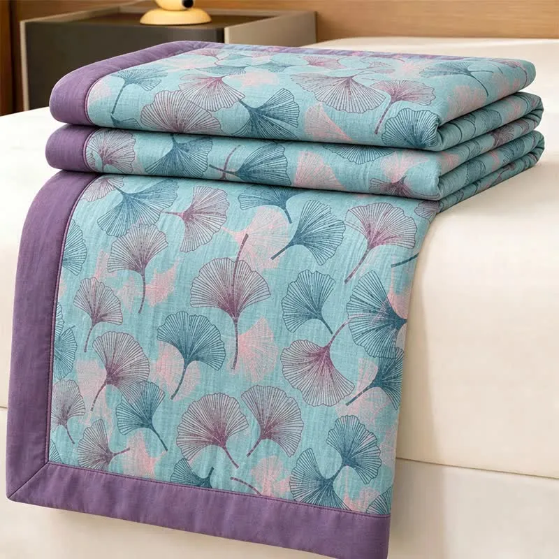 Coperta in cotone con motivo botanico retrò a foglie di ginkgo
