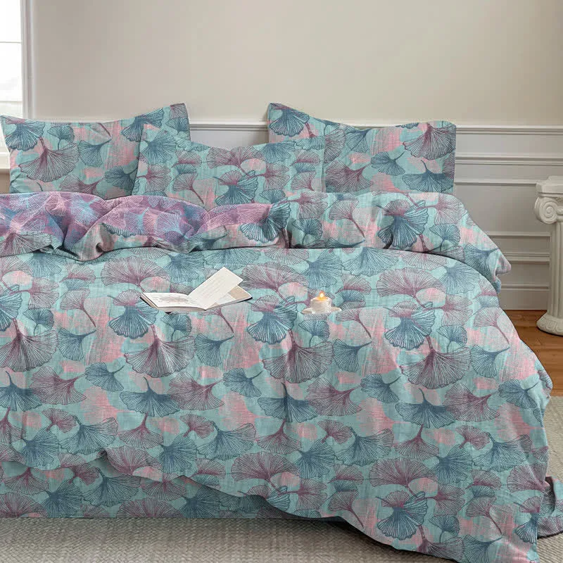 Set di biancheria da letto in cotone con foglie di ginkgo in stile retrò botanico