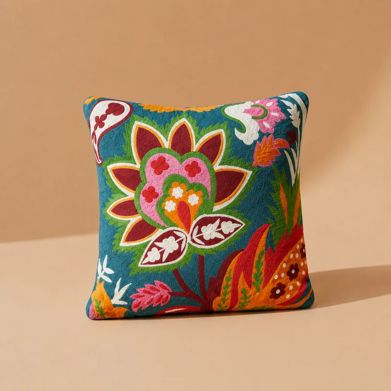 Cuscino Arredo 100% Cotone Ricamato PETROL GARDEN