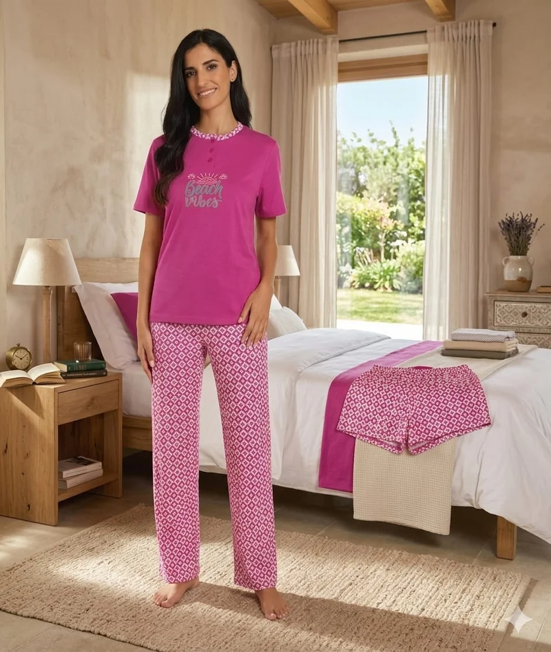 Pigiama Donna Vanue VS00653D 3 Pezzi in Cotone con Maglia, Pantalone e Pantaloncino