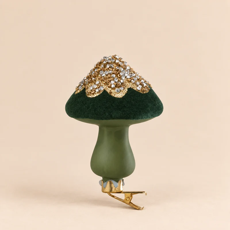Fungo Decorativo in Velluto con Clip Verde e Oro 6 x 10 cm