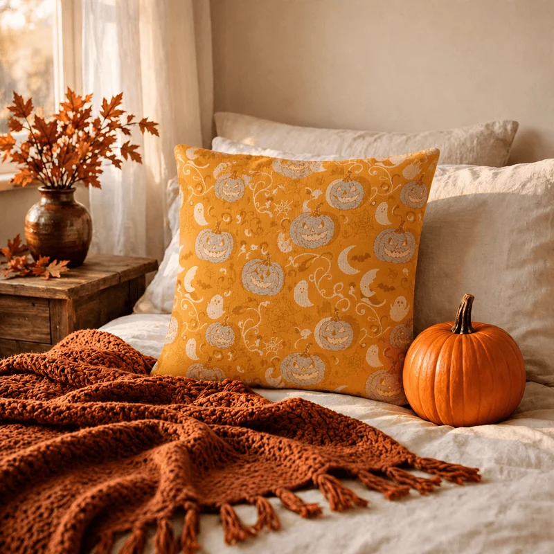 Cuscino decorativo in cotone a forma di zucca arancione con fantasma