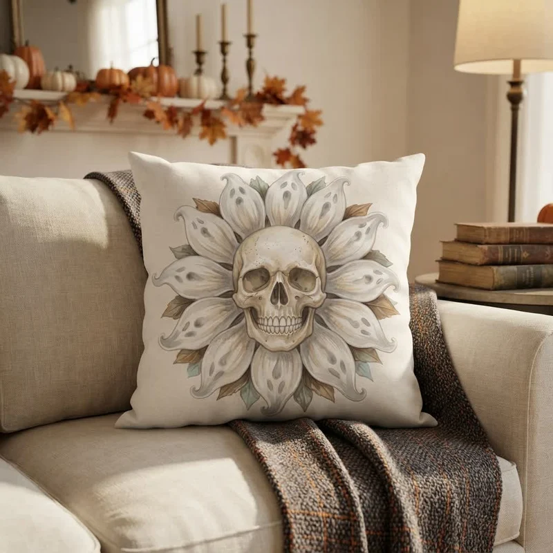 Cuscino decorativo in peluche a forma di teschio e girasole fantasma