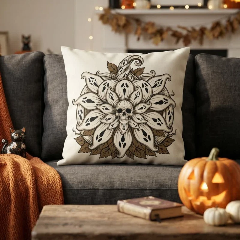 Cuscino decorativo con teschio e mandala di girasole fantasma