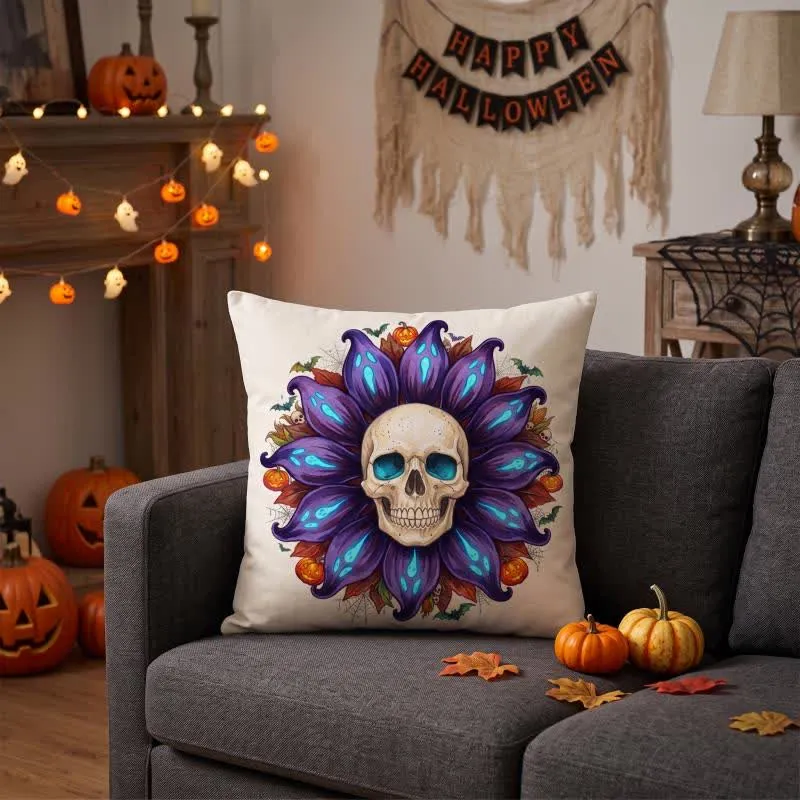 Cuscino decorativo in peluche a forma di teschio e girasole spettrale