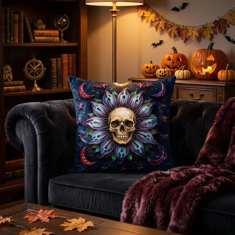 Fodera per cuscino decorativo con teschio celeste gotico