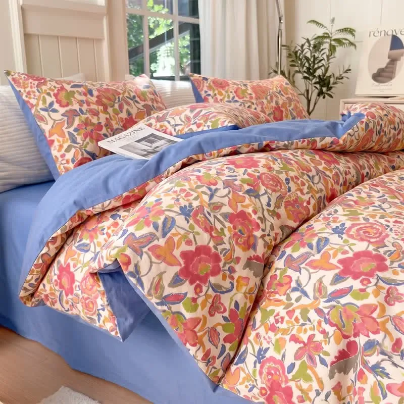 Set di biancheria da letto in cotone a doppia garza con stampa floreale in stile cottage
