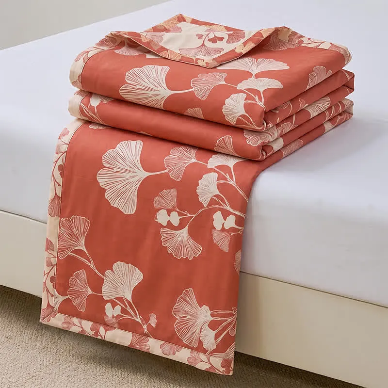 Set copriletto in cotone con foglie di ginkgo rosse