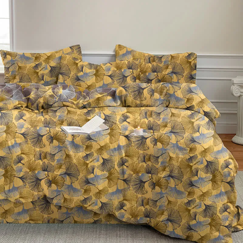 Set di biancheria da letto in garza di cotone con motivo a foglie di ginkgo in stile retrò