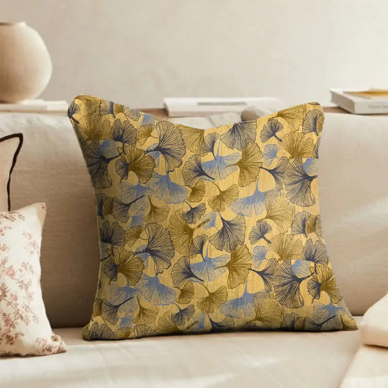 Cuscino in garza di cotone con foglie di ginkgo dorate