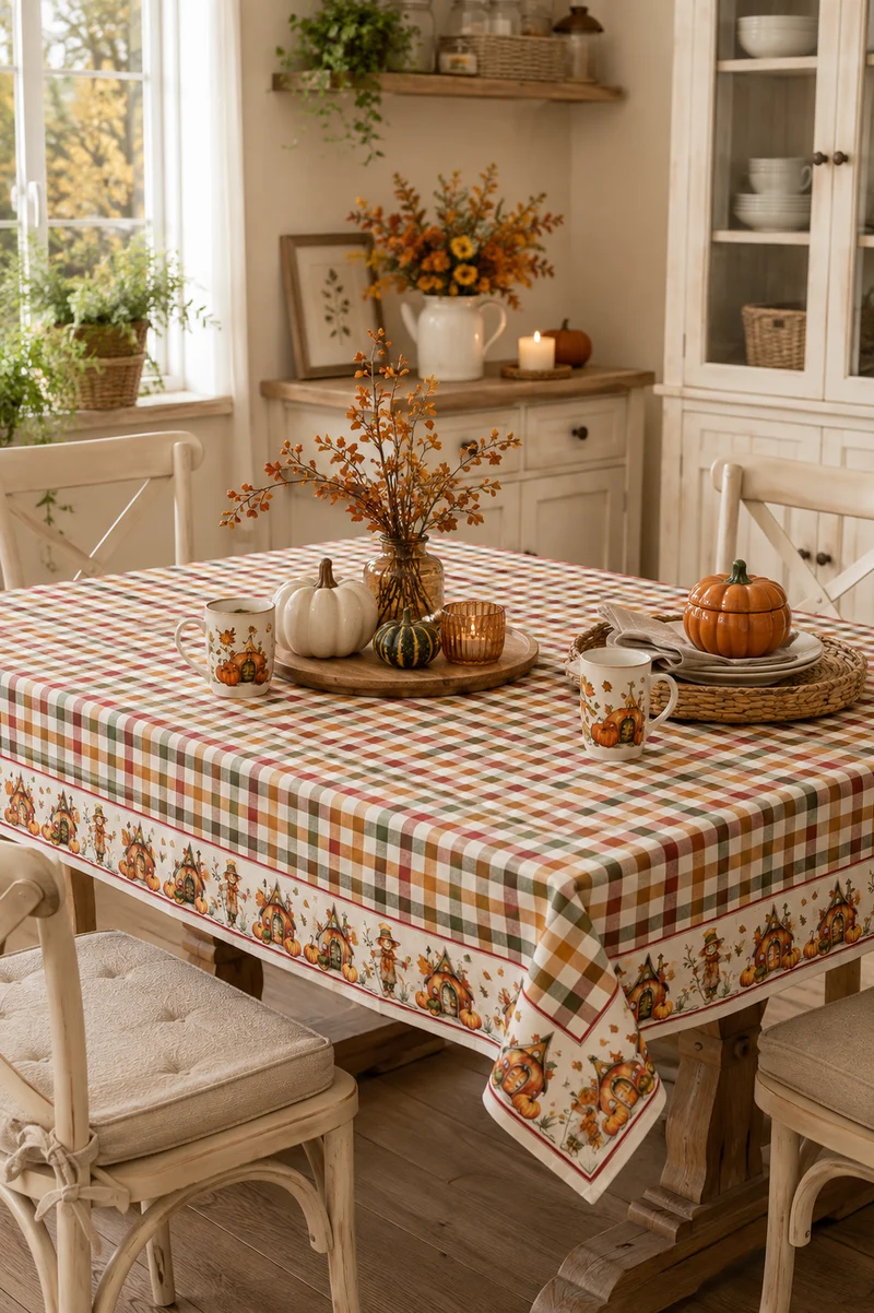 Tovaglia Autunnale a Quadri con Zucche e spaventapasseri 100% Cotone – 140×180 cm