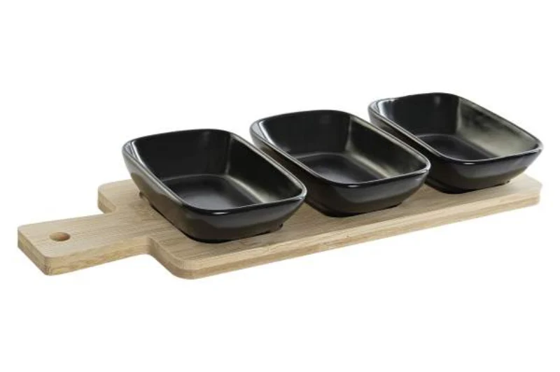 Set Aperitivo Design con Vassoio in Bambù e Ciotole in Porcellana Nera | Item International