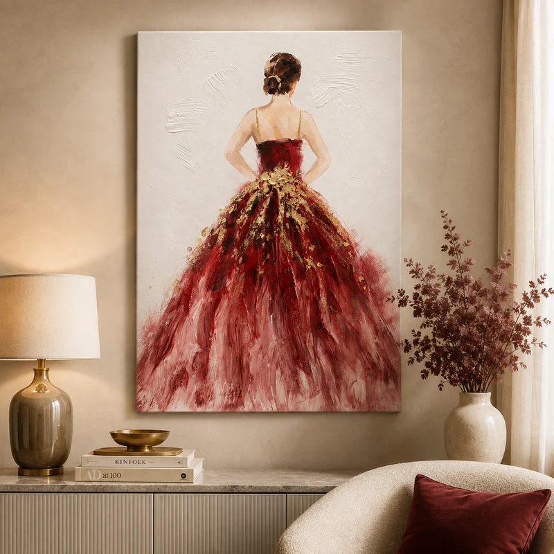 Dipinto a Mano Donna con Abito Rosso – 60 x 90 cm