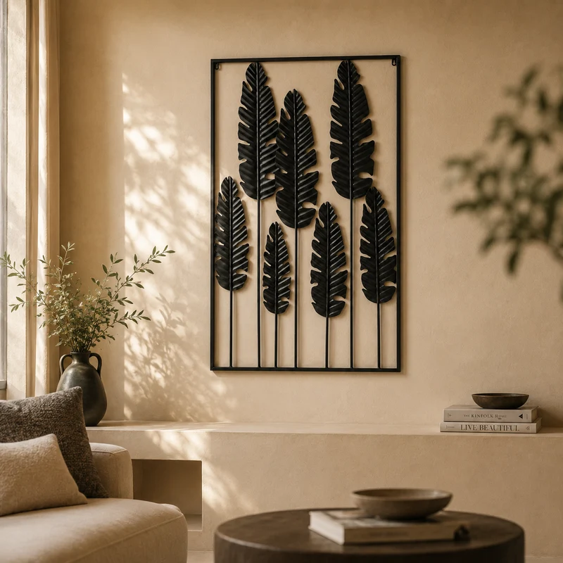 Decoro Parete Foglie Nero in Metallo – 84,5 x H 135 cm