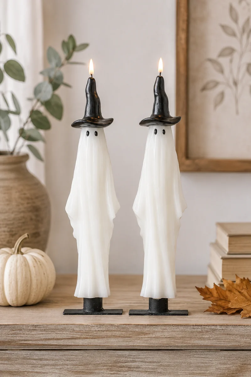 Set 2 Candele Fantasmi Luminosi Halloween con Fiamma LED