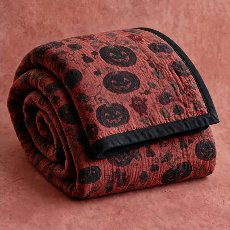 Coperta reversibile in cotone con motivo zucca bordeaux per Halloween