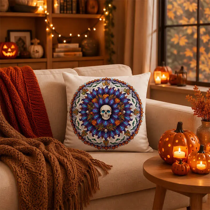 Fodera per cuscino decorativo con teschio gotico e mandala di Halloween