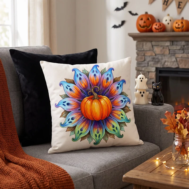 Fodera per cuscino decorativo con zucca e fiori di Halloween