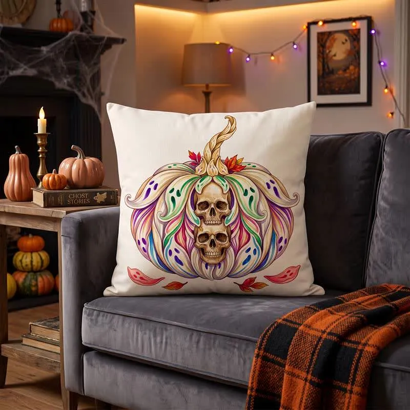 Fodera per cuscino decorativo Singolo teschio gemello mistico e zucca
