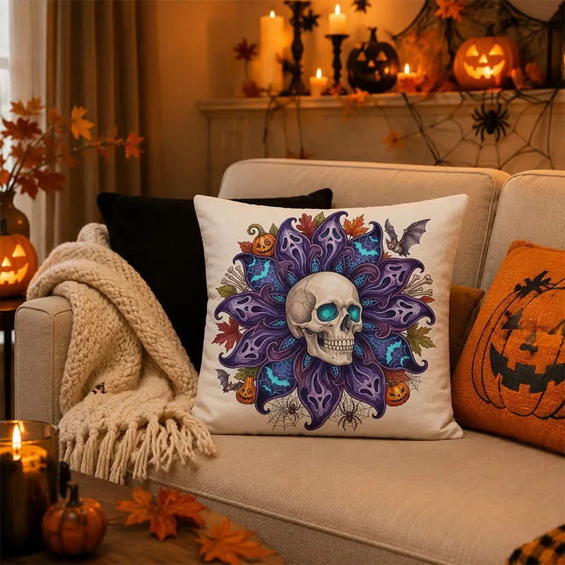 Fodera per cuscino decorativo con teschio e petali di fantasma notturno