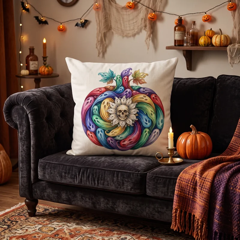Fodera per cuscino di Halloween con fantasma arcobaleno e zucca.