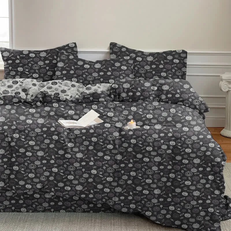Set di biancheria da letto in cotone monocromatico con zucche per Halloween
