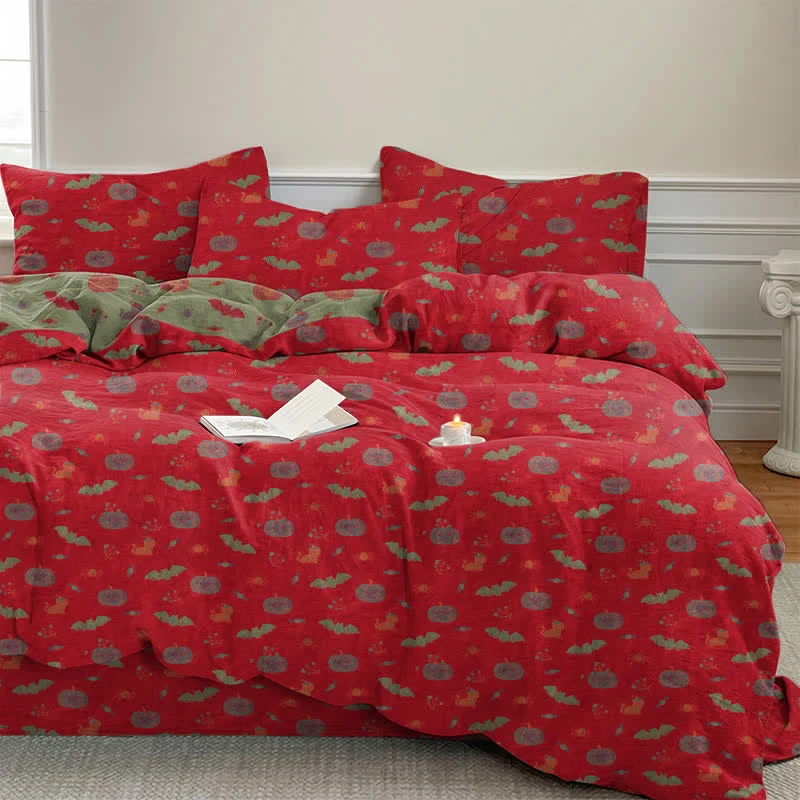 Set di biancheria da letto in cotone con zucca e pipistrello di Halloween