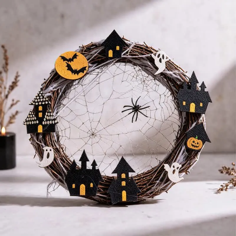 Ghirlanda di rami per Halloween con decorazioni a ragnatela