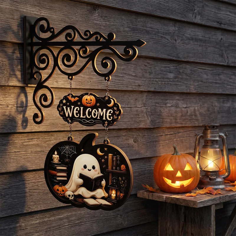 Cartello in legno da appendere alla porta con zucca, spettrale e carina