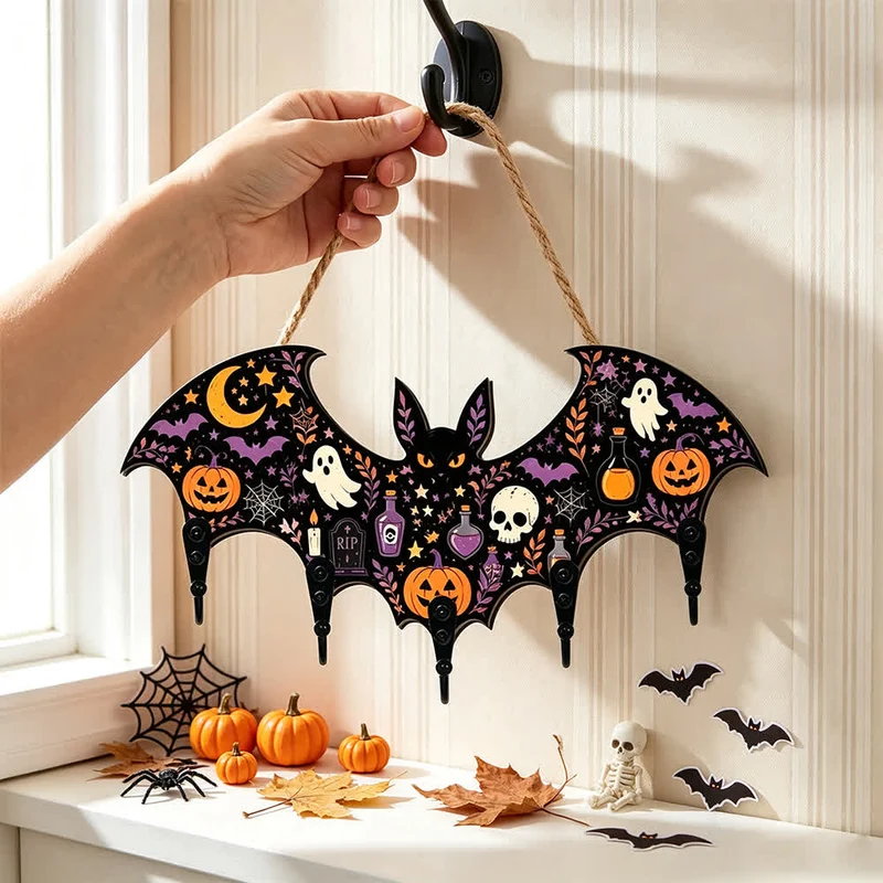 Portachiavi in legno a forma di pipistrello per Halloween
