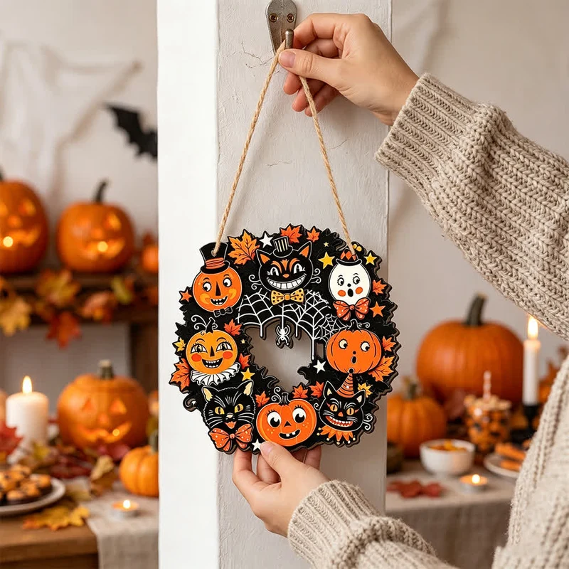 Cartello di Halloween in legno con ghirlanda e corda di iuta