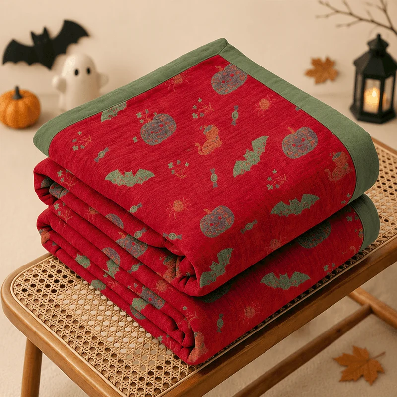 Coperta in cotone con motivo zucca, gatto e ragno di Halloween