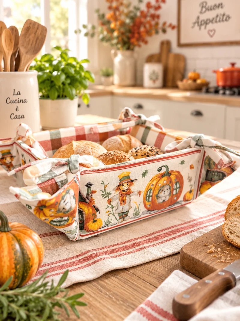 Cestino Portapane Autunnale 35x35 cm in Cotone Tinto in Filo – Con Laccetti