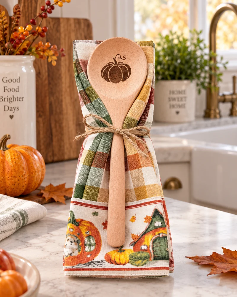 Set Cucina Autunnale: Strofinaccio e Cucchiaio in Legno con Zucca