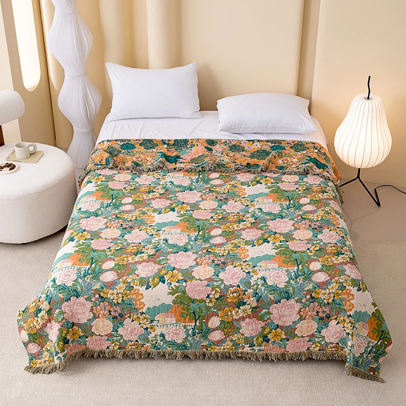 Dipinto ad olio vintage, trapunta in garza con frange rosa