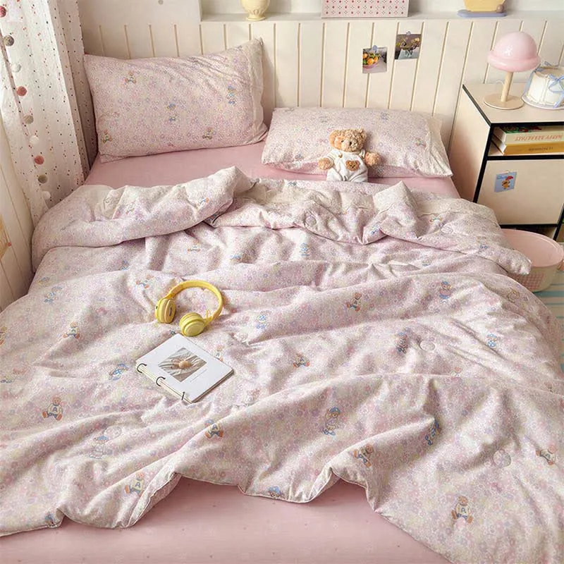 Set di biancheria da letto in cotone con orsetto rosa in pizzo