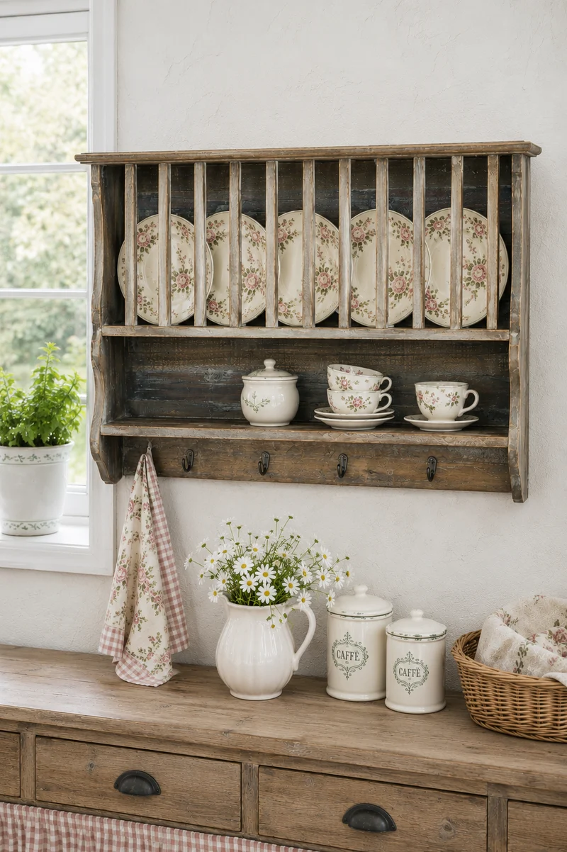 Portapiatti da Parete in Legno Riciclato con Ripiano e 4 Ganci Chic Antique