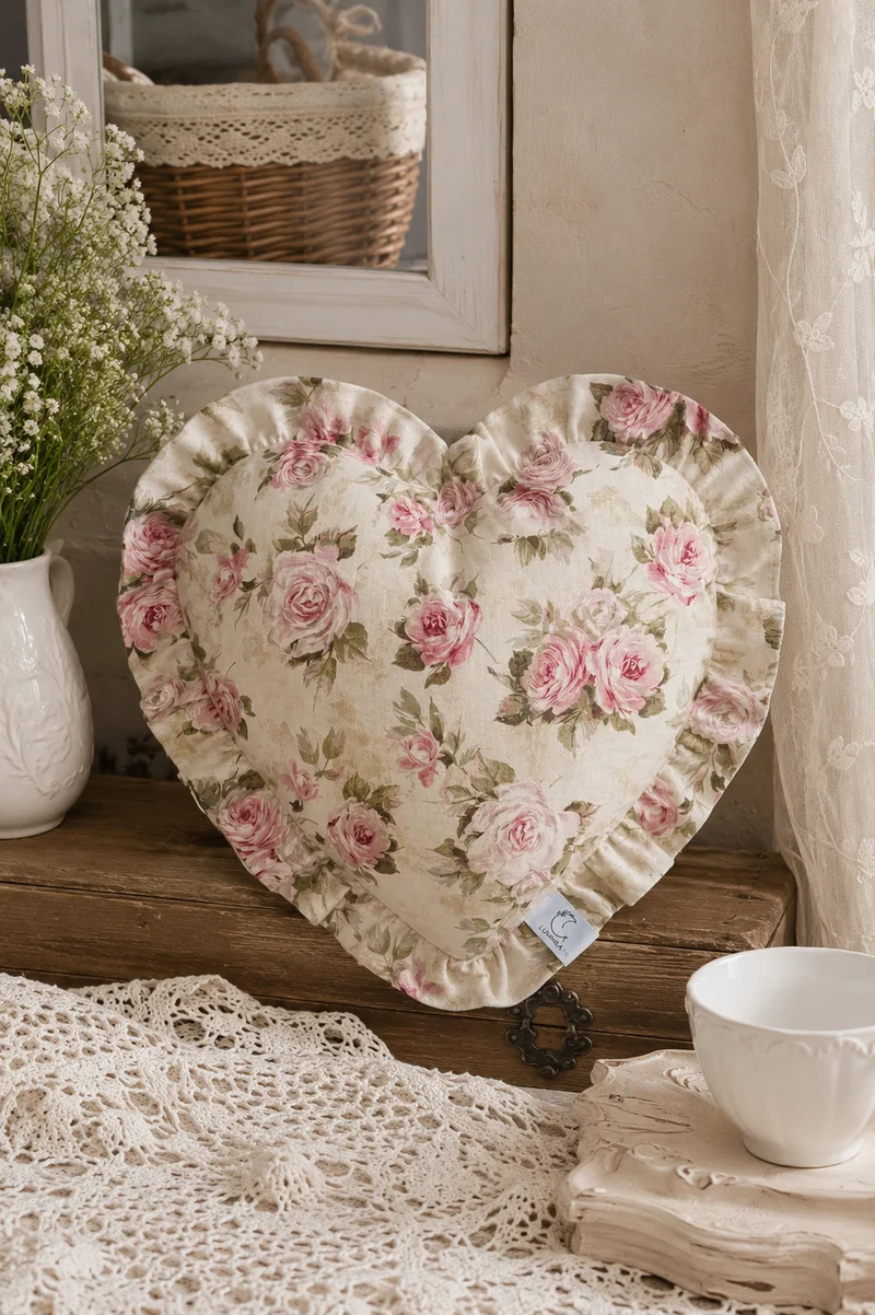 Federa Cuscino Cuore con Rose Shabby Chic