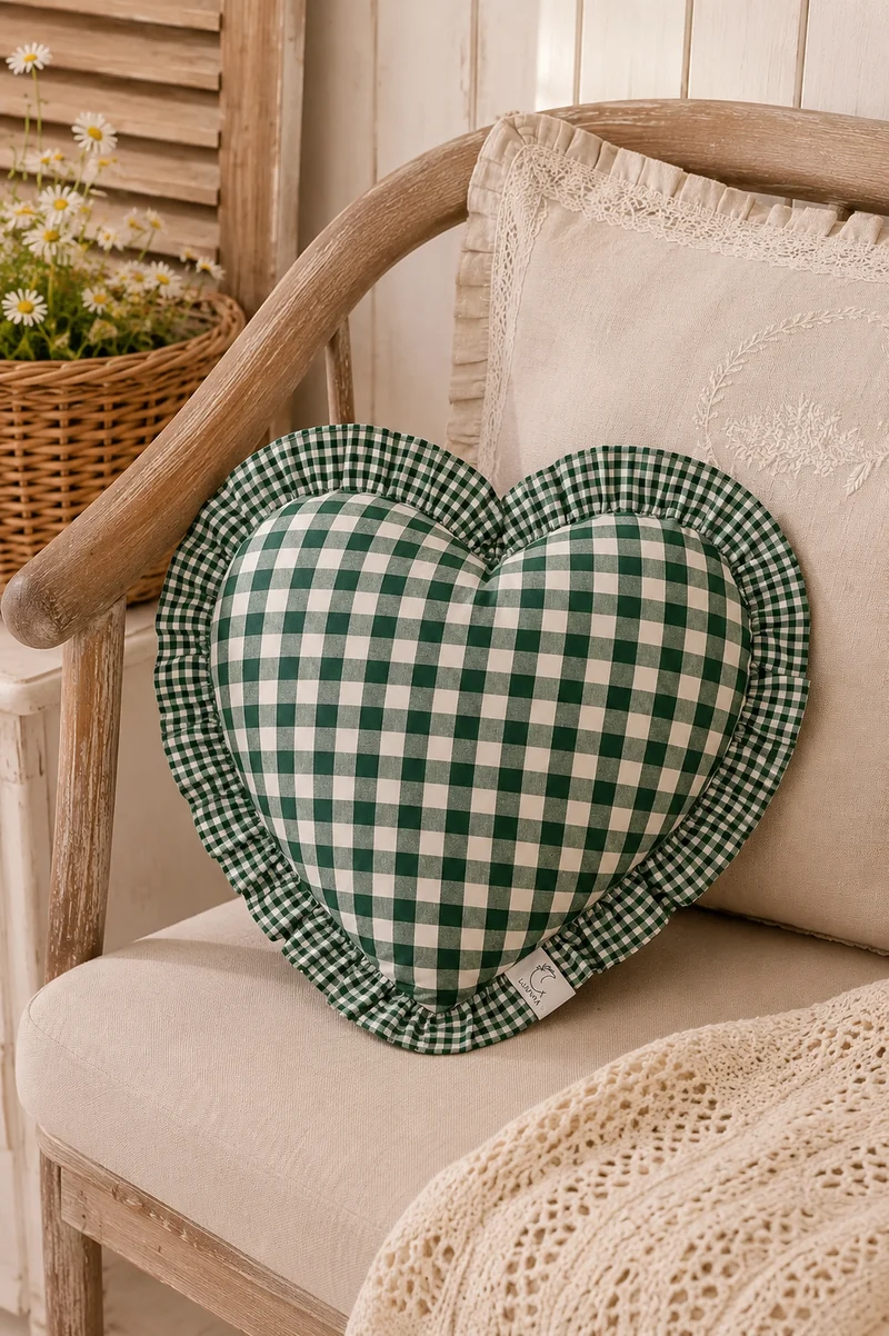 Federa Cuscino Cuore Verde scuro a Quadretti