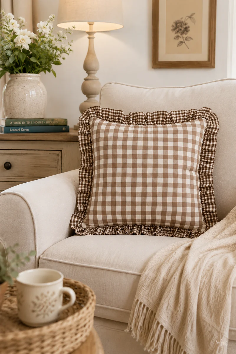 Federa Cuscino Quadri Marrone 40x40 cm con Volant Stile Cottage