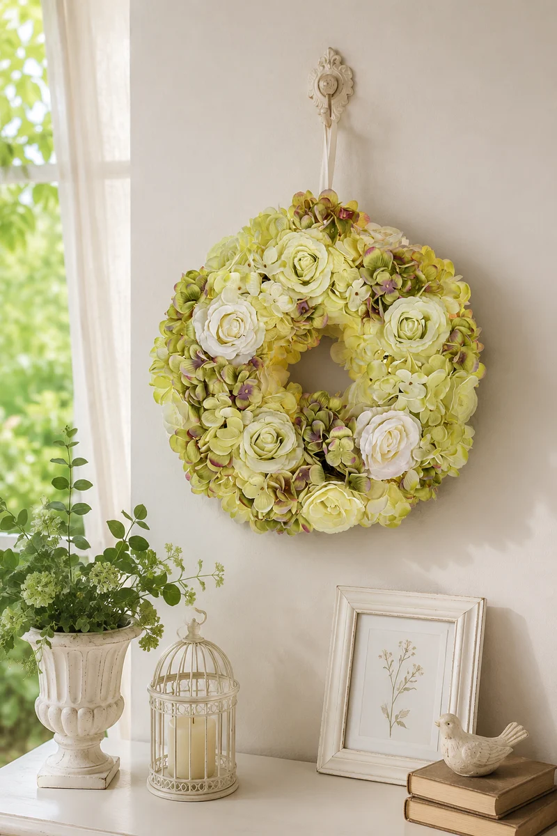 Corona con Rose e Ortensie Artificiali Verde e Bianco Ø 30 cm