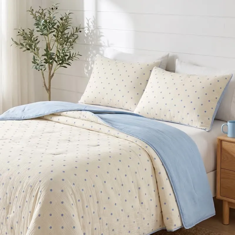 Trapunta estiva leggera in seersucker a pois blu